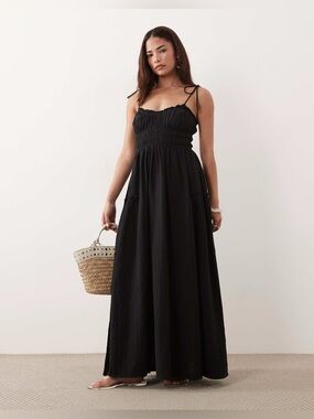 ASOS DESIGN Petite Faith Beach Shirred Maxi Dress in Black